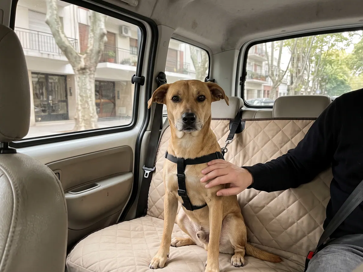 Perro mestizo con arnés sujeto al cinturón en el asiento trasero de un auto, con la mano de su dueño en el pecho