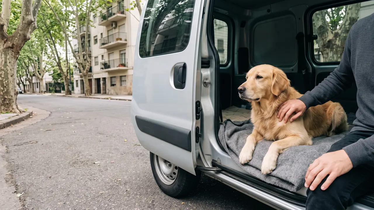 Golden retriever recostado sobre una manta en la puerta lateral abierta de una camioneta, con una mano en el lomo, en una calle arbolada