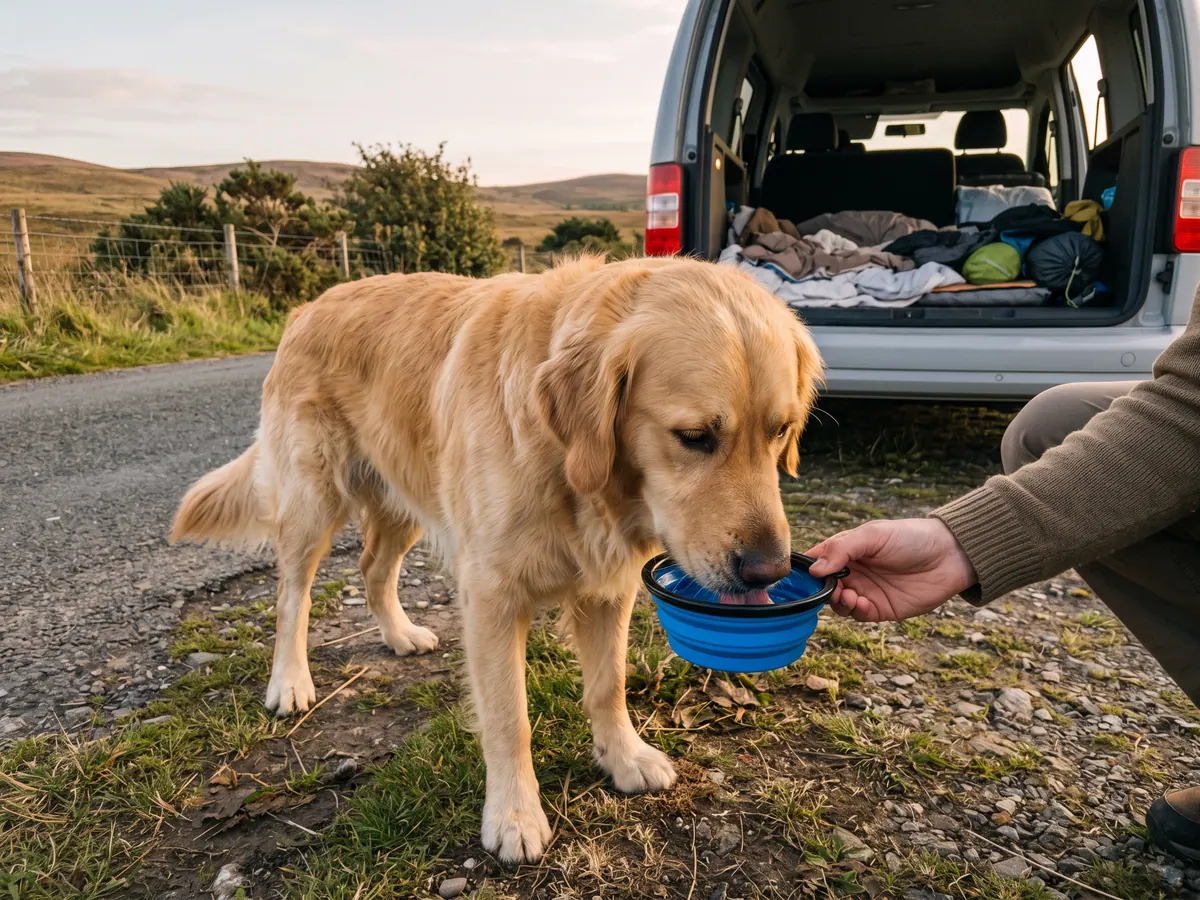 Perro golden tomando agua de un bebedero plegable en una parada al costado de la ruta