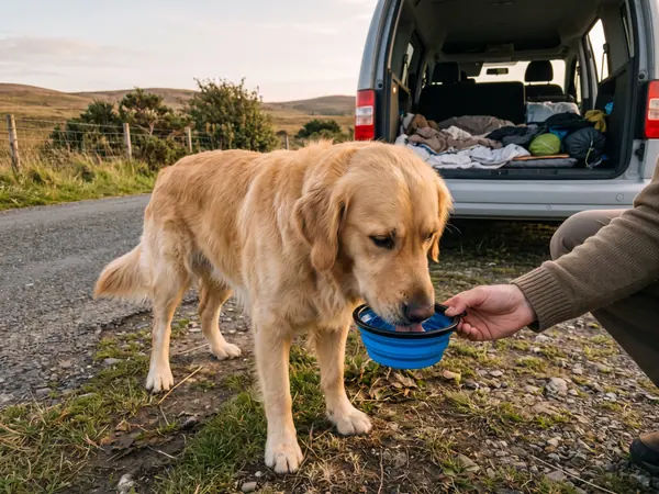Perro tomando agua de un bebedero plegable en una parada de la ruta