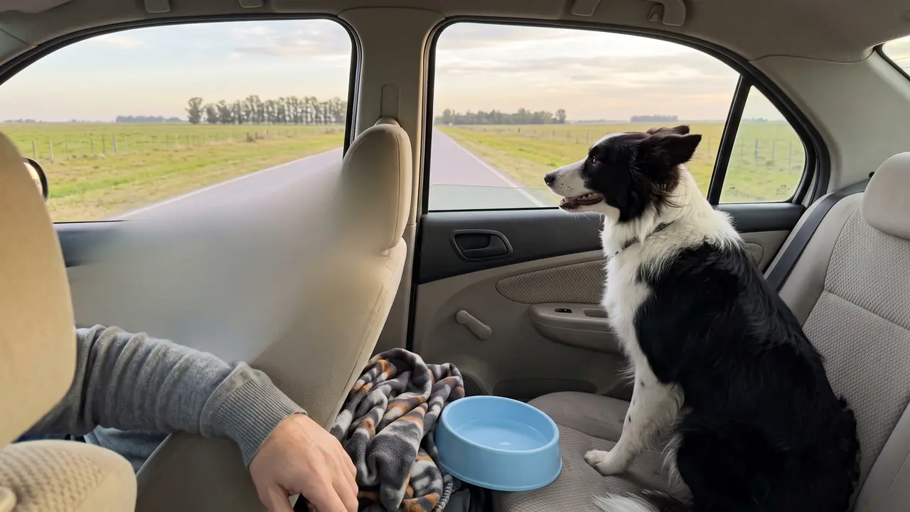 Border collie sentado en el asiento trasero de un auto mirando por la ventanilla un camino entre campos