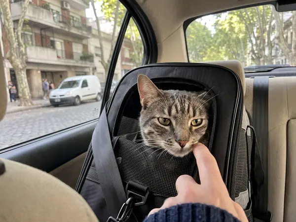 Gato en un transportín sujeto al asiento trasero de un auto