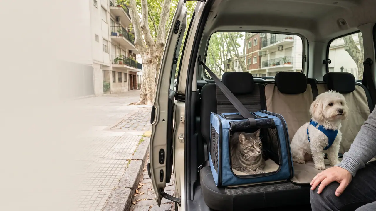 Gato en un transportín sujeto con el cinturón y un perro blanco con arnés en el asiento trasero de un auto