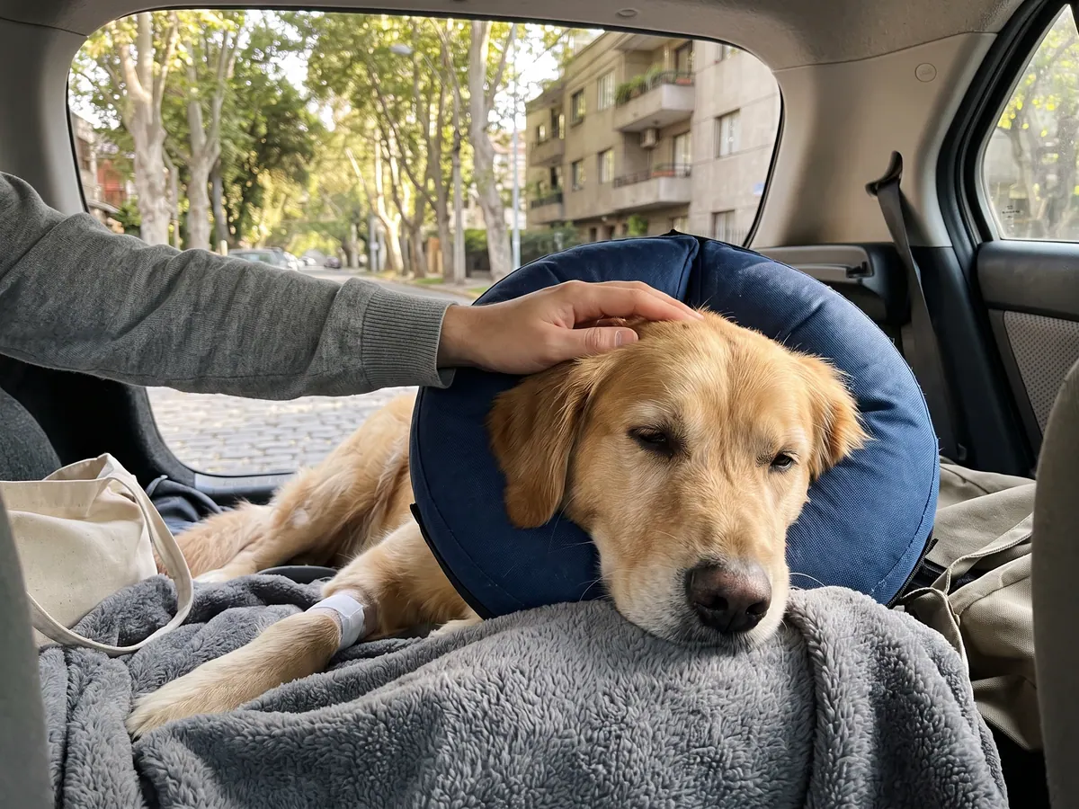 Perro con collar isabelino y una venda en la pata descansando sobre una manta mientras una mano le acaricia la cabeza
